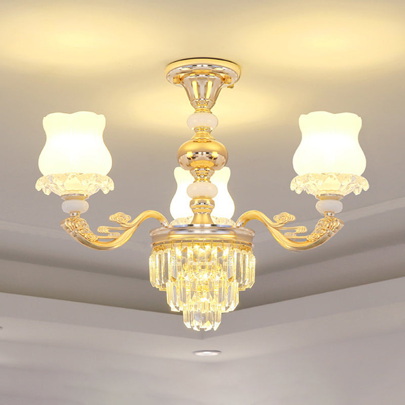 Gold Chandelier Light Retro Opal Glass Bud Pendant Light Fixture with Tiered Crystal Decor