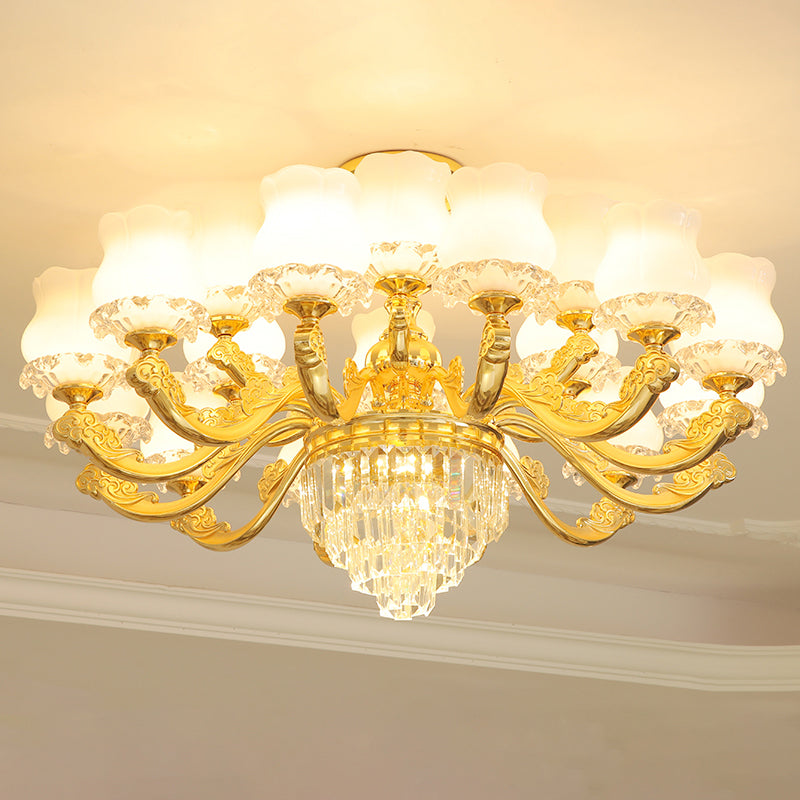 Retro Style Bud Suspension Light Cream Glass Chandelier Light with Layered Crystal Decor in Gold
