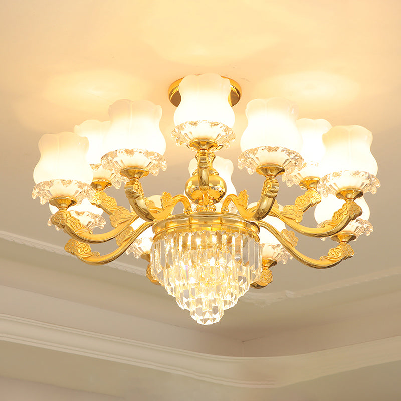 Retro Style Bud Suspension Light Cream Glass Chandelier Light with Layered Crystal Decor in Gold