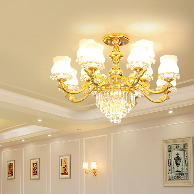 Retro Style Bud Suspension Light Cream Glass Chandelier Light with Layered Crystal Decor in Gold