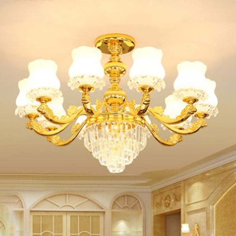 Retro Style Bud Suspension Light Cream Glass Chandelier Light with Layered Crystal Decor in Gold
