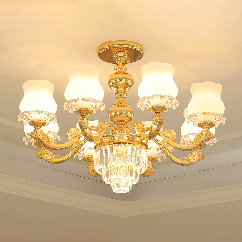 Retro Style Bud Suspension Light Cream Glass Chandelier Light with Layered Crystal Decor in Gold
