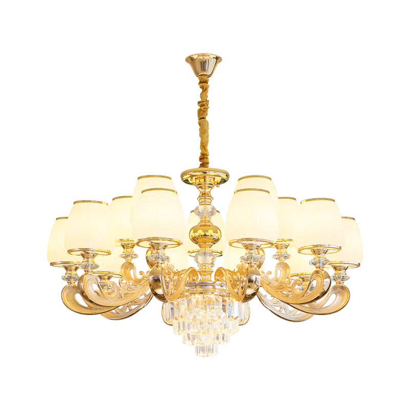Barrel White Frosted Glass Chandelier Lighting Classic Bedroom Pendant Light with Tiered Crystal Accent