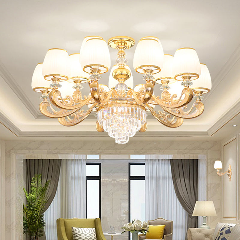 Barrel White Frosted Glass Chandelier Lighting Classic Bedroom Pendant Light with Tiered Crystal Accent