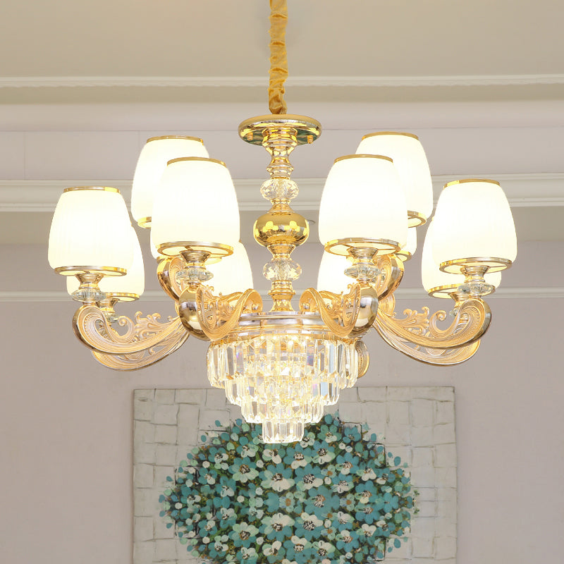 Barrel White Frosted Glass Chandelier Lighting Classic Bedroom Pendant Light with Tiered Crystal Accent