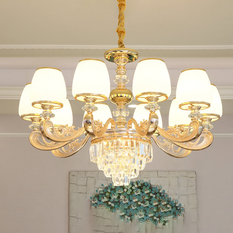 Barrel White Frosted Glass Chandelier Lighting Classic Bedroom Pendant Light with Tiered Crystal Accent