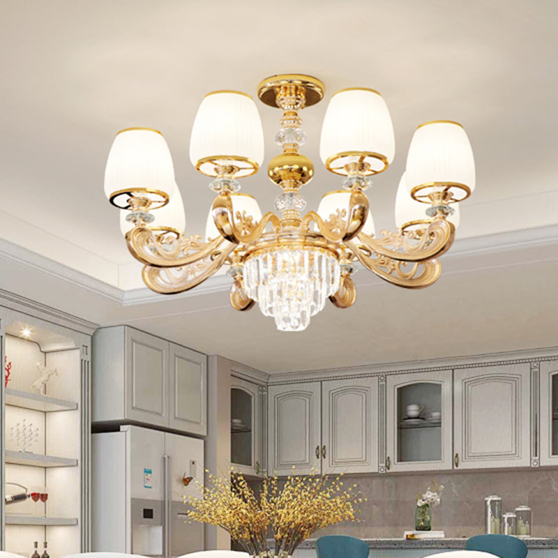 Barrel White Frosted Glass Chandelier Lighting Classic Bedroom Pendant Light with Tiered Crystal Accent