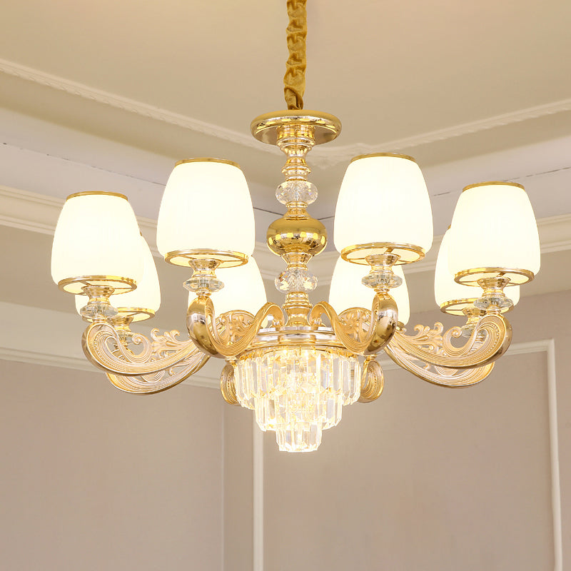 Barrel White Frosted Glass Chandelier Lighting Classic Bedroom Pendant Light with Tiered Crystal Accent