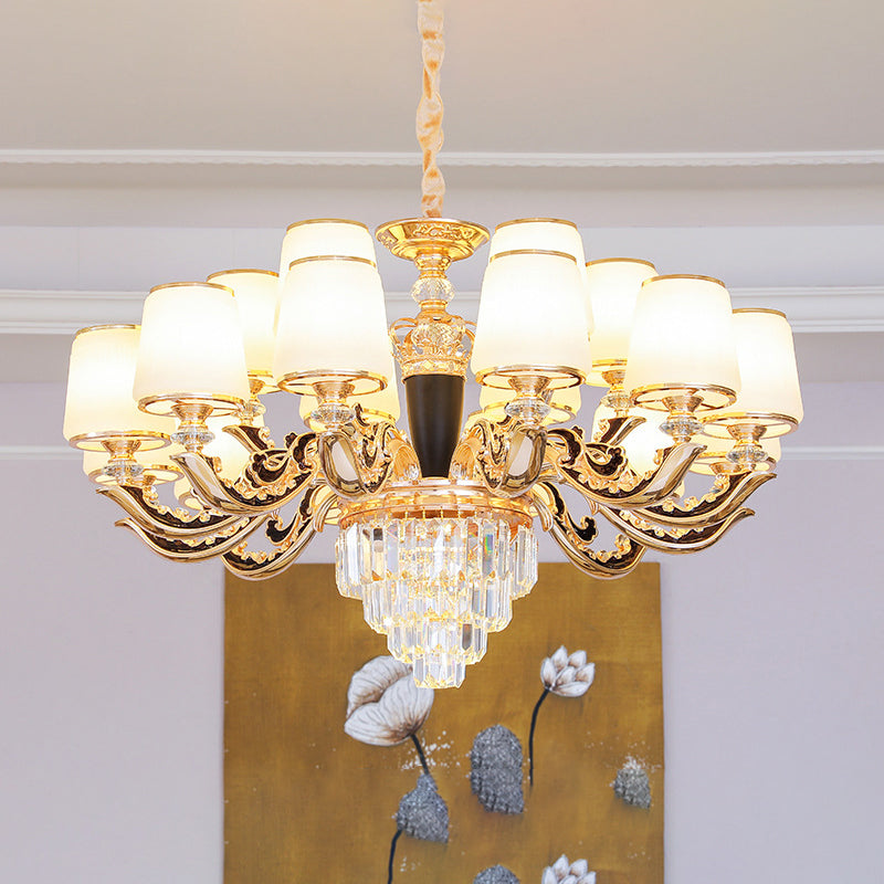 White Glass Tapered Ceiling Lighting Traditional Living Room Chandelier Light with Layered Crystal Decor