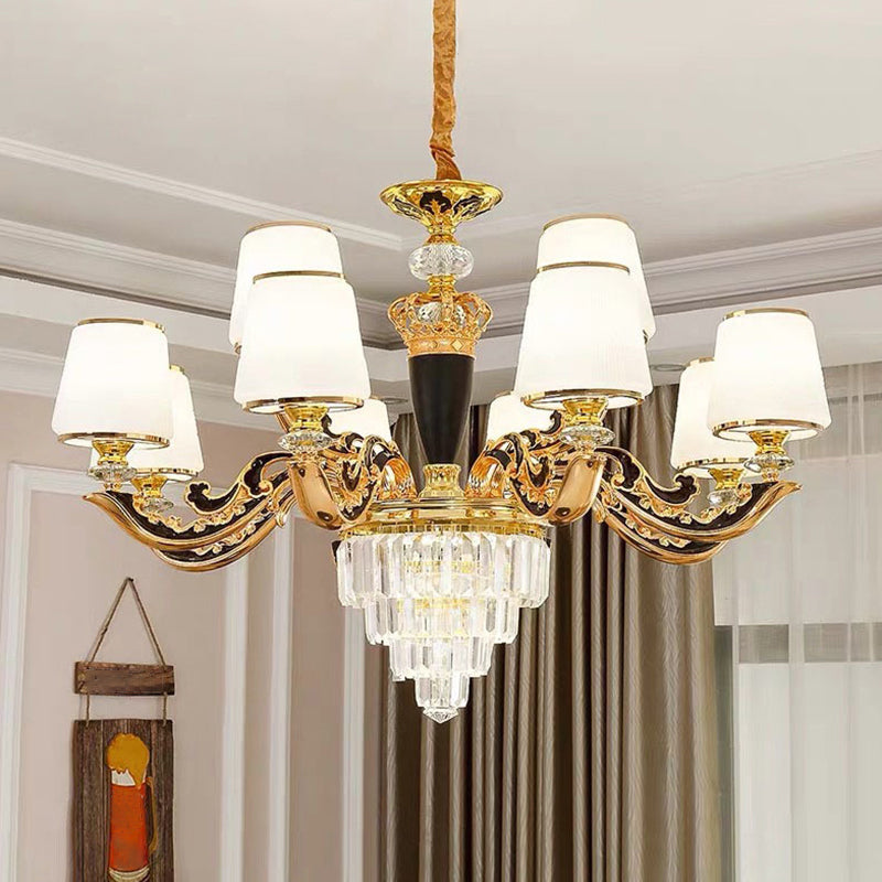 White Glass Tapered Ceiling Lighting Traditional Living Room Chandelier Light with Layered Crystal Decor