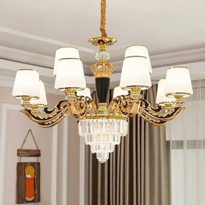 White Glass Tapered Ceiling Lighting Traditional Living Room Chandelier Light with Layered Crystal Decor