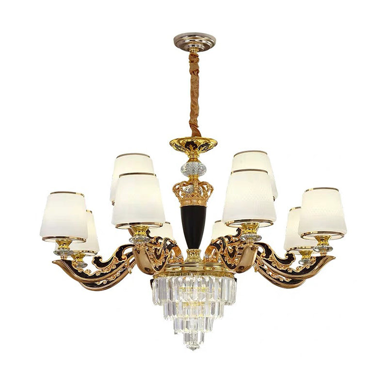 White Glass Tapered Ceiling Lighting Traditional Living Room Chandelier Light with Layered Crystal Decor