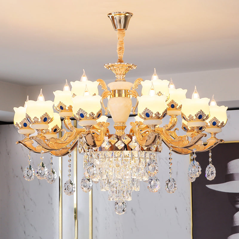 Cream Glass Gold Chandelier Pendant Light Floral Vintage Hanging Light with Hanging Crystal