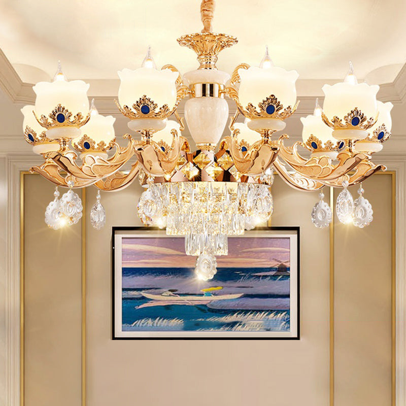 Cream Glass Gold Chandelier Pendant Light Floral Vintage Hanging Light with Hanging Crystal