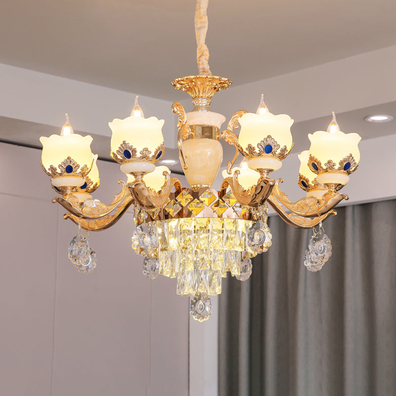 Cream Glass Gold Chandelier Pendant Light Floral Vintage Hanging Light with Hanging Crystal