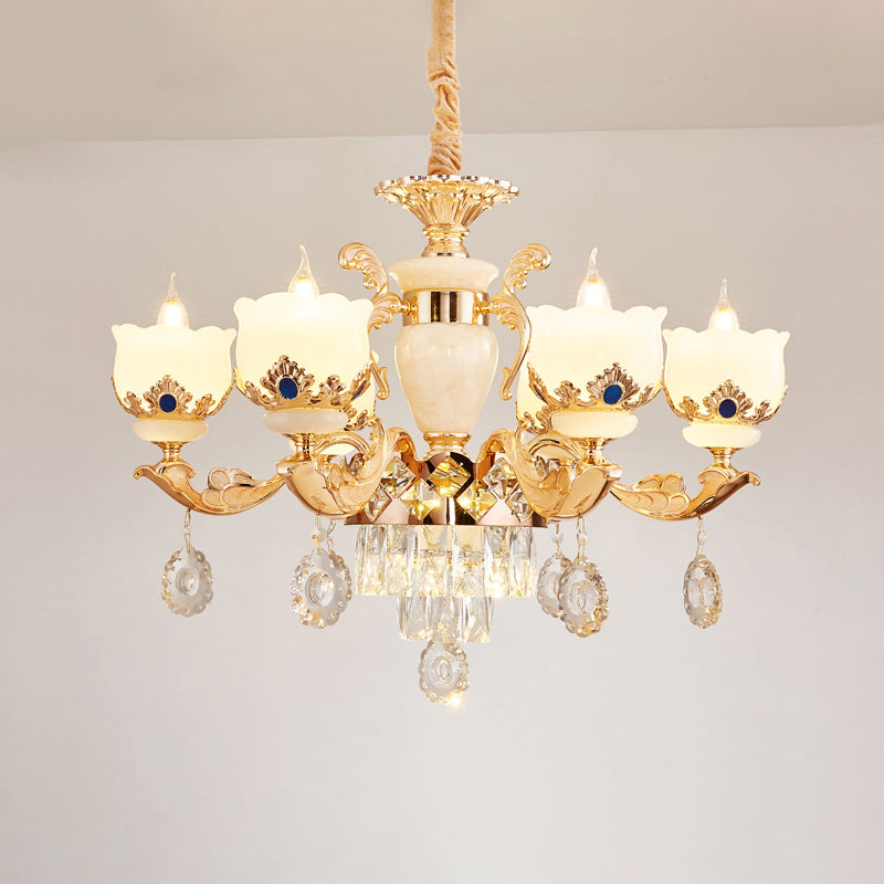 Cream Glass Gold Chandelier Pendant Light Floral Vintage Hanging Light with Hanging Crystal