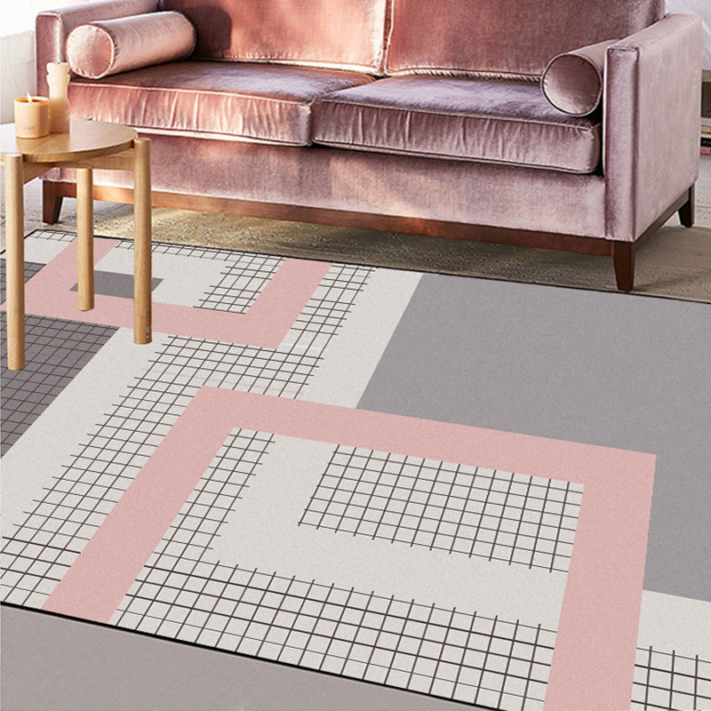 Stylish Pink-Grey Modern Rug Synthetics Geometric Grids Print Carpet Stain Resistant Non-Slip Pet Friendly Rug for Girls Room