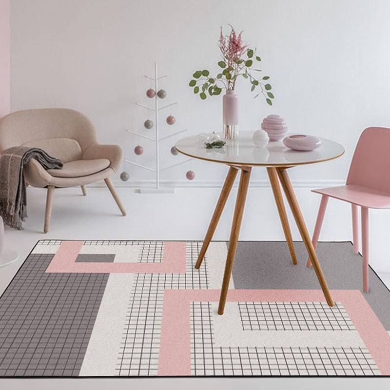 Stylish Pink-Grey Modern Rug Synthetics Geometric Grids Print Carpet Stain Resistant Non-Slip Pet Friendly Rug for Girls Room