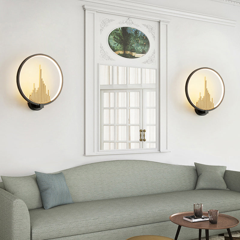 Acrylic Halo-Ring LED Sconce Light Modern Wall Mounted Lamp in Black/White with Mountain Pattern, Warm Light