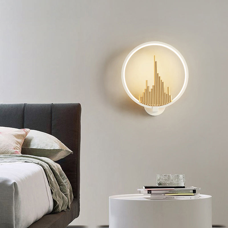 Acrylic Halo-Ring LED Sconce Light Modern Wall Mounted Lamp in Black/White with Mountain Pattern, Warm Light