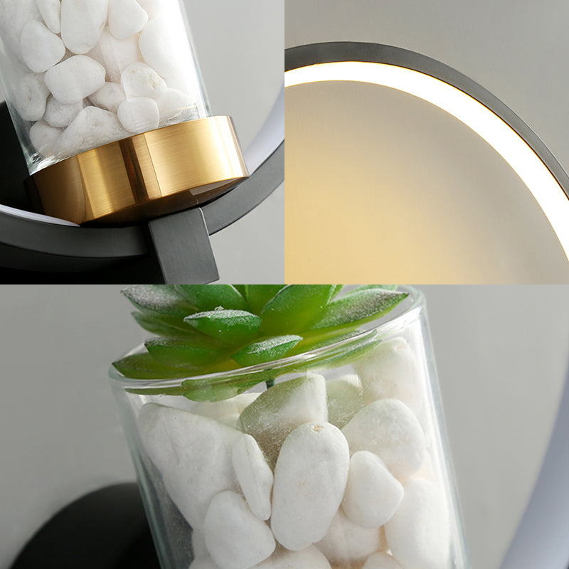 Zwarte acryl wandmontage ring licht eigentijdse led warmlicht lamp lamp met ingemaakte planten met potplant
