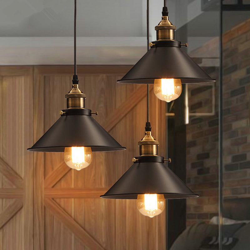 Metallic Cone Shade Pendant Light Antique 1-Light Restaurant Hanging Light Fixture in Black