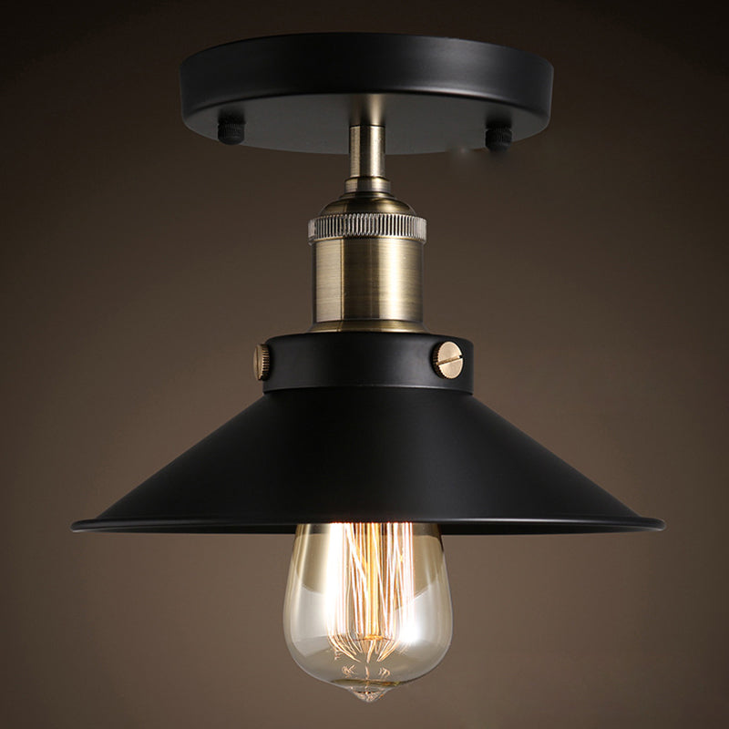 Black Flared Shade Semi Flush Light Industrial 1 Bulb Corridor Ceiling Flush Mount