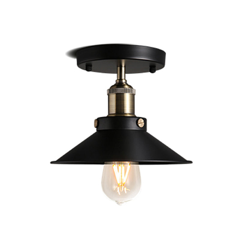 Black Flared Shade Semi Flush Light Industrial 1 Bulb Corridor Ceiling Flush Mount