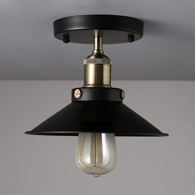 Black Flared Shade Semi Flush Light Industrial 1 Bulb Corridor Ceiling Flush Mount