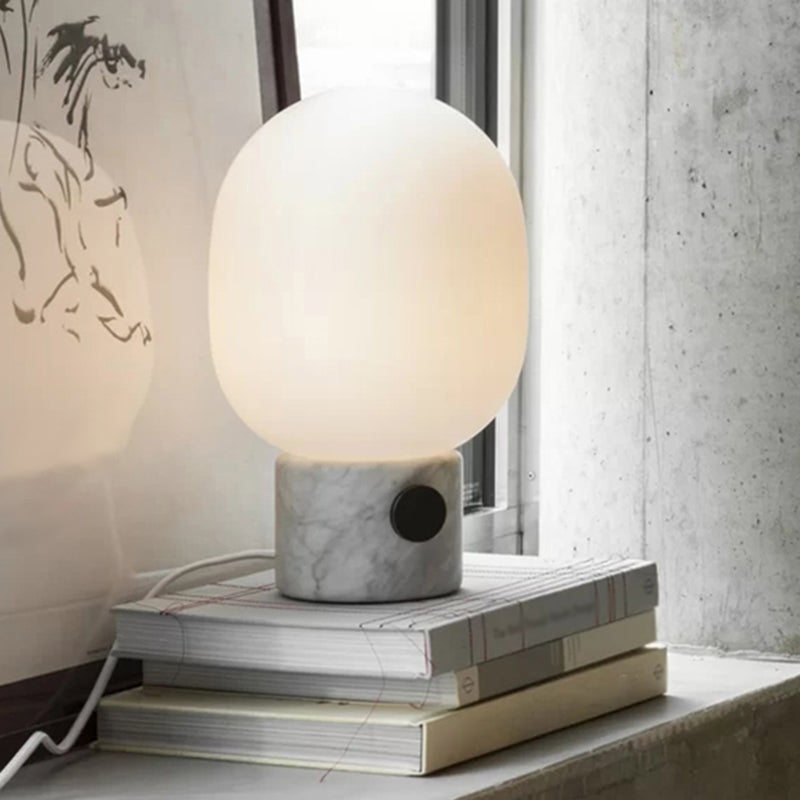 Modern Egg Shaped Table Lighting Opal Glass Bedside Nightstand Lamp with Marble Base in White