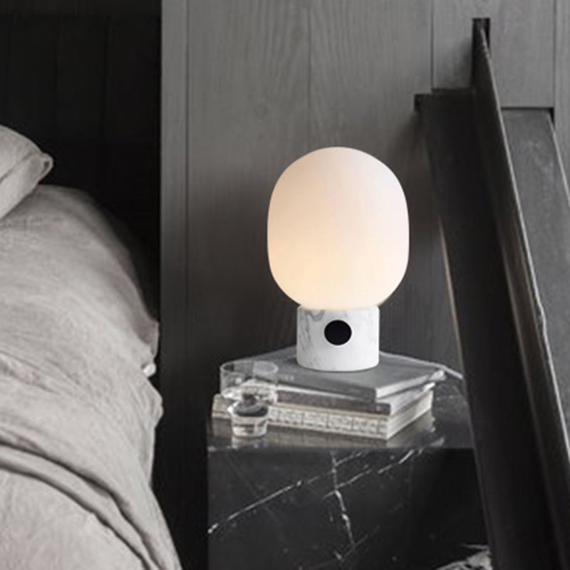 Modern Egg Shaped Table Lighting Opal Glass Bedside Nightstand Lamp with Marble Base in White