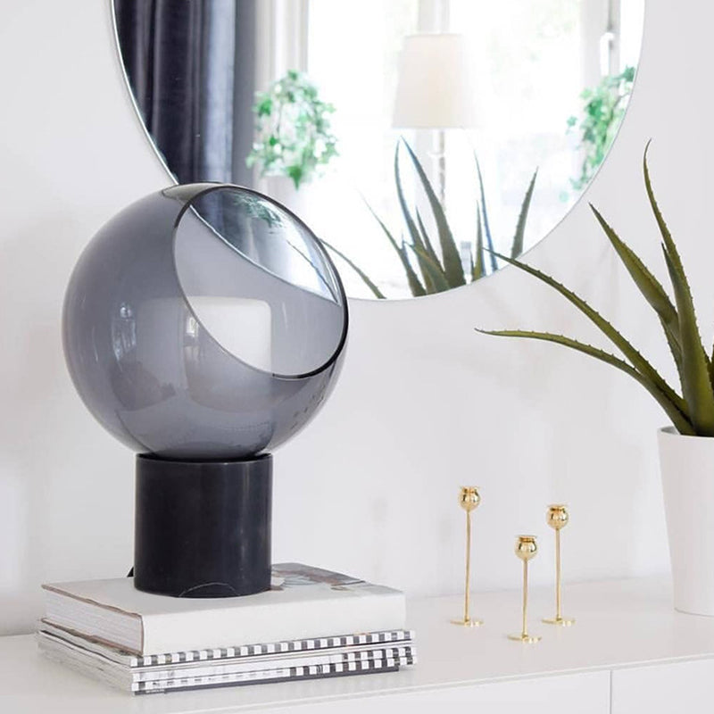 Marble Cylindrical Base Table Lamp Postmodern Black LED Nightstand Light with Globe Smoked Glass Shade