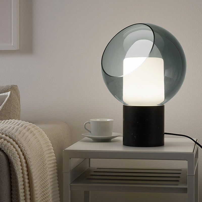 Marble Cylindrical Base Table Lamp Postmodern Black LED Nightstand Light with Globe Smoked Glass Shade