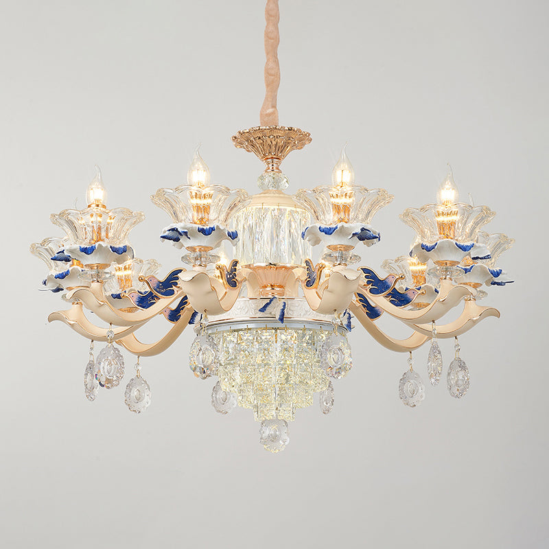Flower Ribbed Glass Suspension Light Retro Style Living Room Chandelier Light with Crystal Draping in White