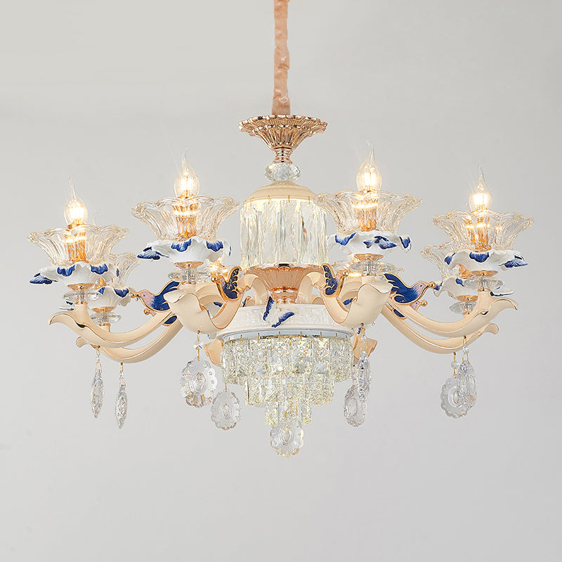 Flower Ribbed Glass Suspension Light Retro Style Living Room Chandelier Light with Crystal Draping in White
