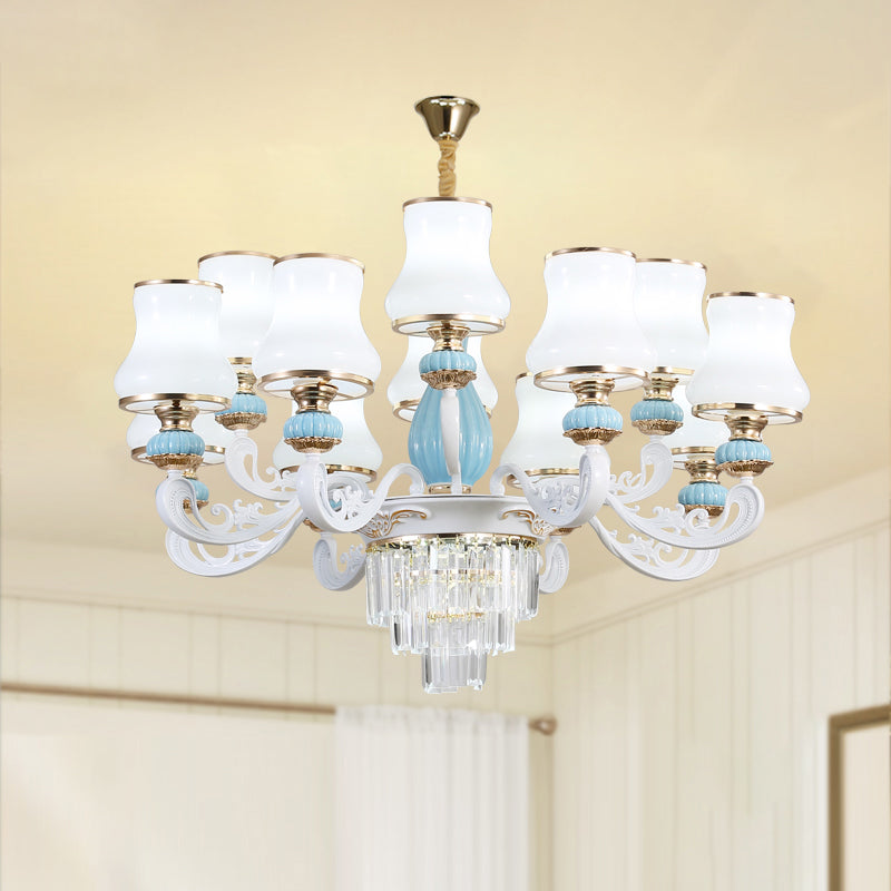 Bud Shade Bedroom Chandelier Lighting Classic Cream Glass Blue Pendant Light with Tiered Crystal Accent