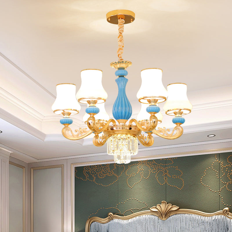 Bud Shade Bedroom Chandelier Lighting Classic Cream Glass Blue Pendant Light with Tiered Crystal Accent