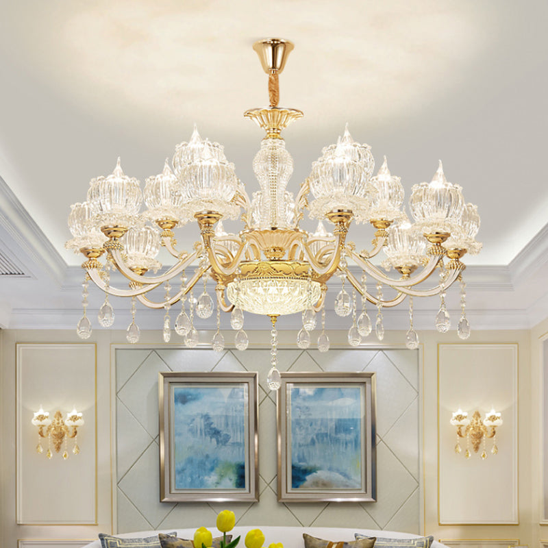 Ribbed Crystal Flower Ceiling Lighting Traditional Living Room Chandelier Light with Crystal Draping in Clear