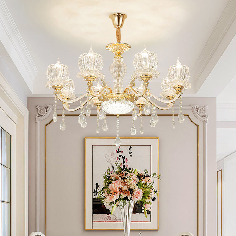 Ribbed Crystal Flower Ceiling Lighting Traditional Living Room Chandelier Light with Crystal Draping in Clear