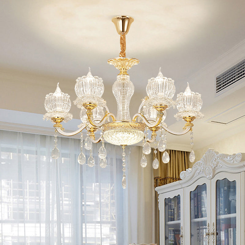 Ribbed Crystal Flower Ceiling Lighting Traditional Living Room Chandelier Light with Crystal Draping in Clear