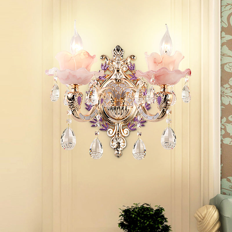 Rosa Rüschen florale Kronleuchter Licht Retro undurchsichtiges Glas Wohnzimmer Anhänger Licht mit hängenden Kristall