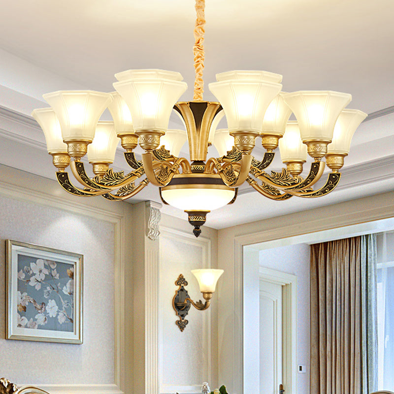 Retro Style Flared Suspension Light Cream Frosted Glass Chandelier Light for Living Room