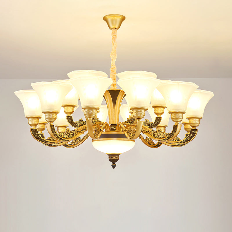 Retro Style Flared Suspension Light Cream Frosted Glass Chandelier Light for Living Room