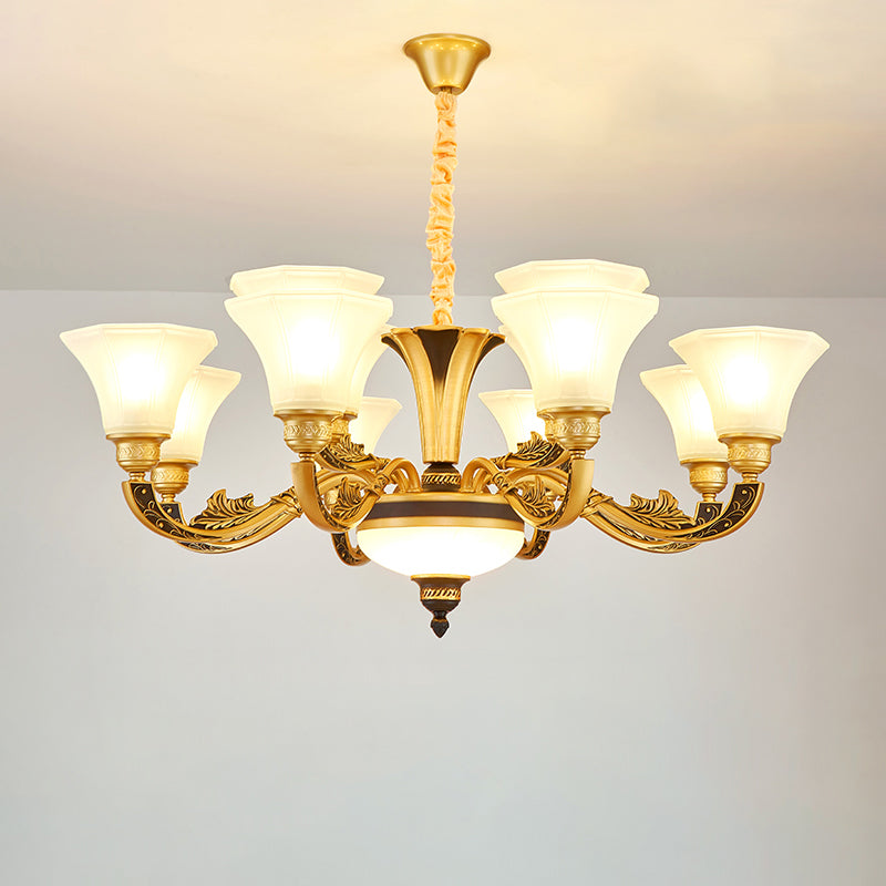 Retro Style Flared Suspension Light Cream Frosted Glass Chandelier Light for Living Room
