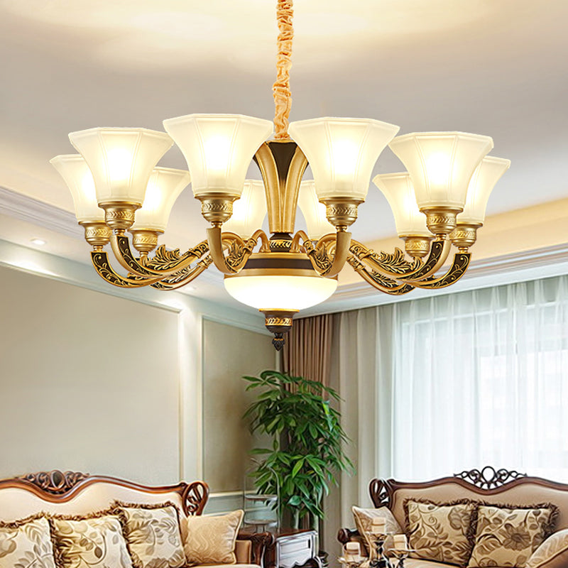 Retro Style Flared Suspension Light Cream Frosted Glass Chandelier Light for Living Room