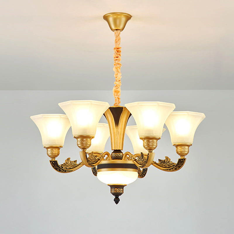 Retro Style Flared Suspension Light Cream Frosted Glass Chandelier Light for Living Room