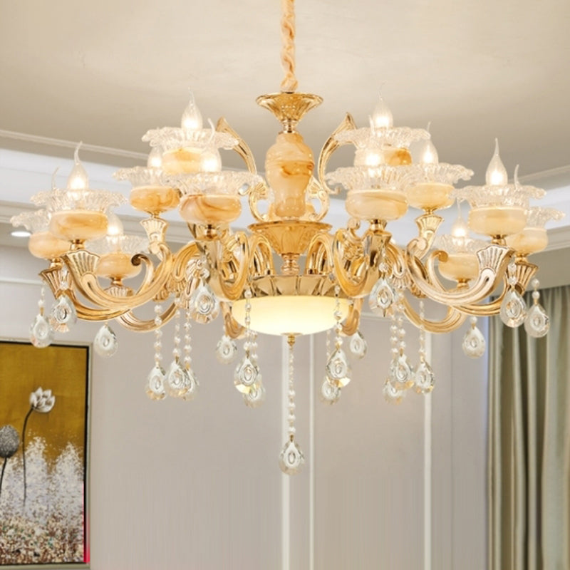 Gouden bloemenschaduw kroonluchter licht retro glas woonkamer hanglamp lamp met hangende kristal
