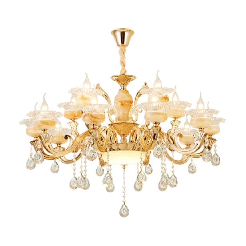 Gouden bloemenschaduw kroonluchter licht retro glas woonkamer hanglamp lamp met hangende kristal