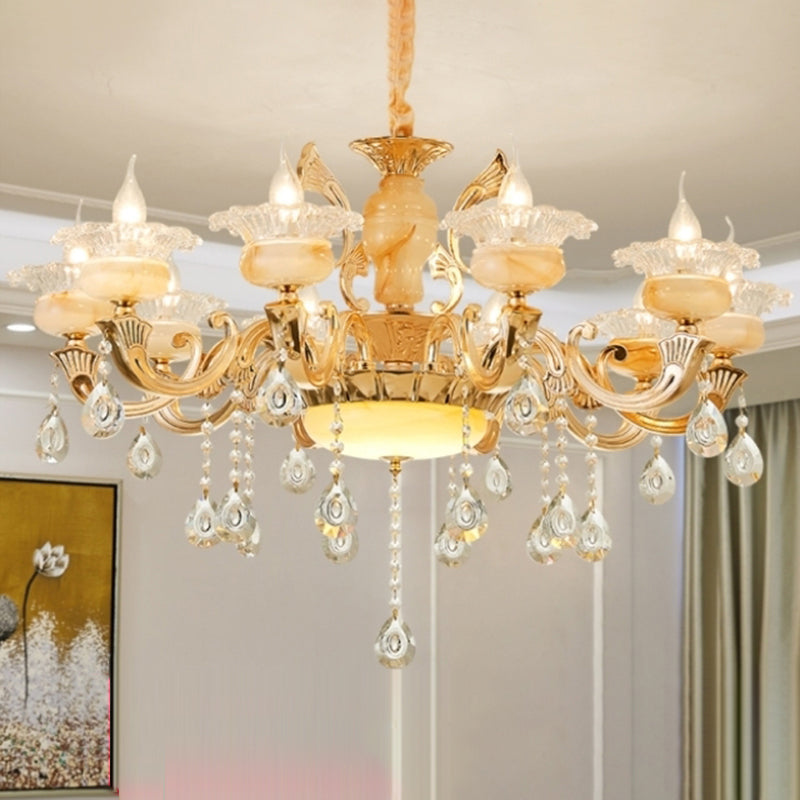 Gouden bloemenschaduw kroonluchter licht retro glas woonkamer hanglamp lamp met hangende kristal