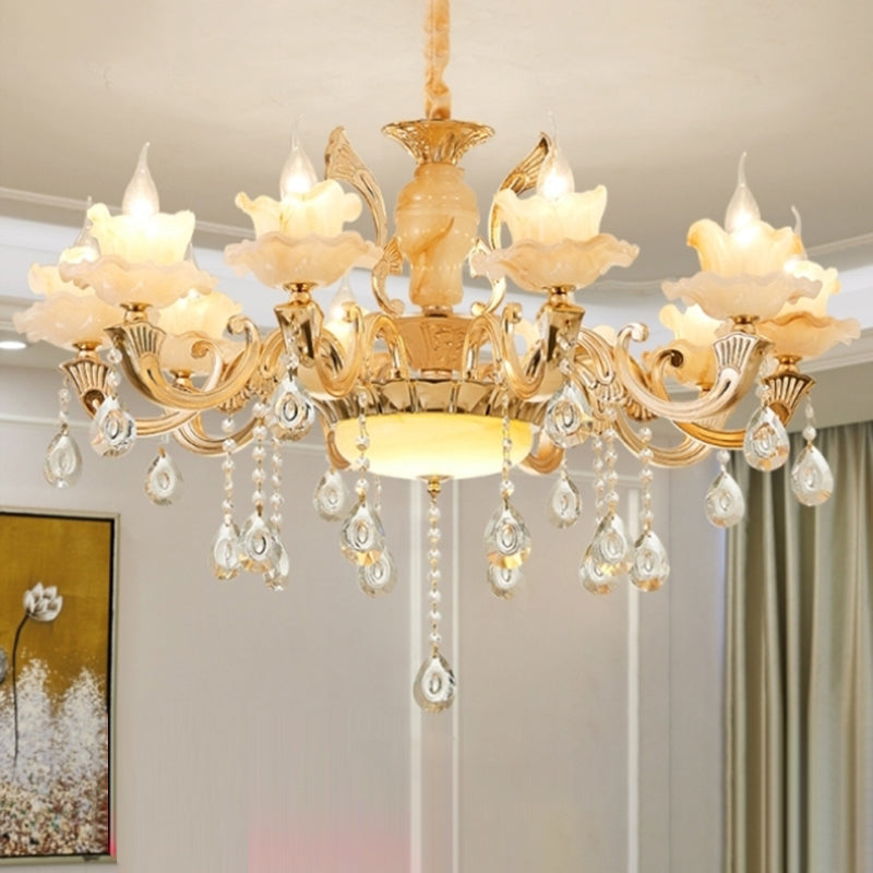 Gouden bloemenschaduw kroonluchter licht retro glas woonkamer hanglamp lamp met hangende kristal